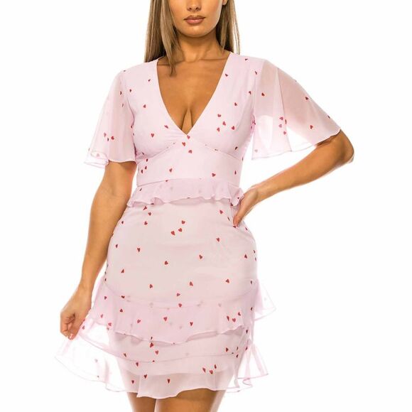 B.Darlin Juniors Flutter Sleeve V-Neck A-Line Dress In Day Pink 13/14 - Picture 2 of 3
